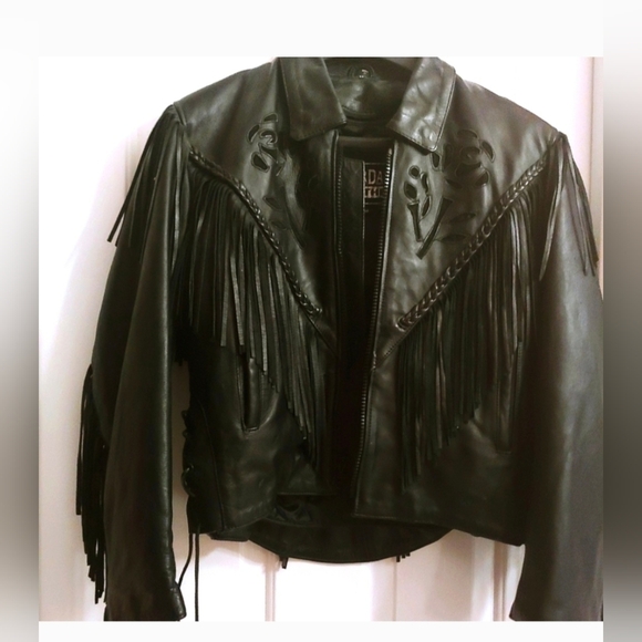 Black Genuine Leather Fringed Jacket w/ Black Rose - Picture 14 of 14